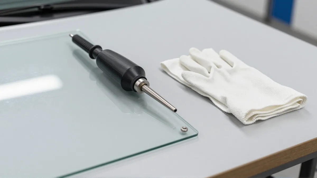 Werkzeuge und Materialien fuer die Autoglasreparatur liegen auf einer Werkbank