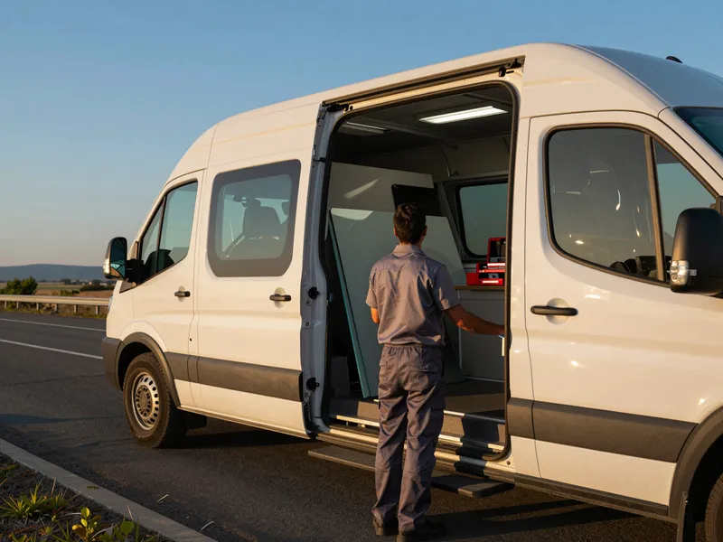 Ein Servicetechniker steht neben einem Glasreparaturwagen an einer Aussichtsplattform bei Sonnenuntergang.