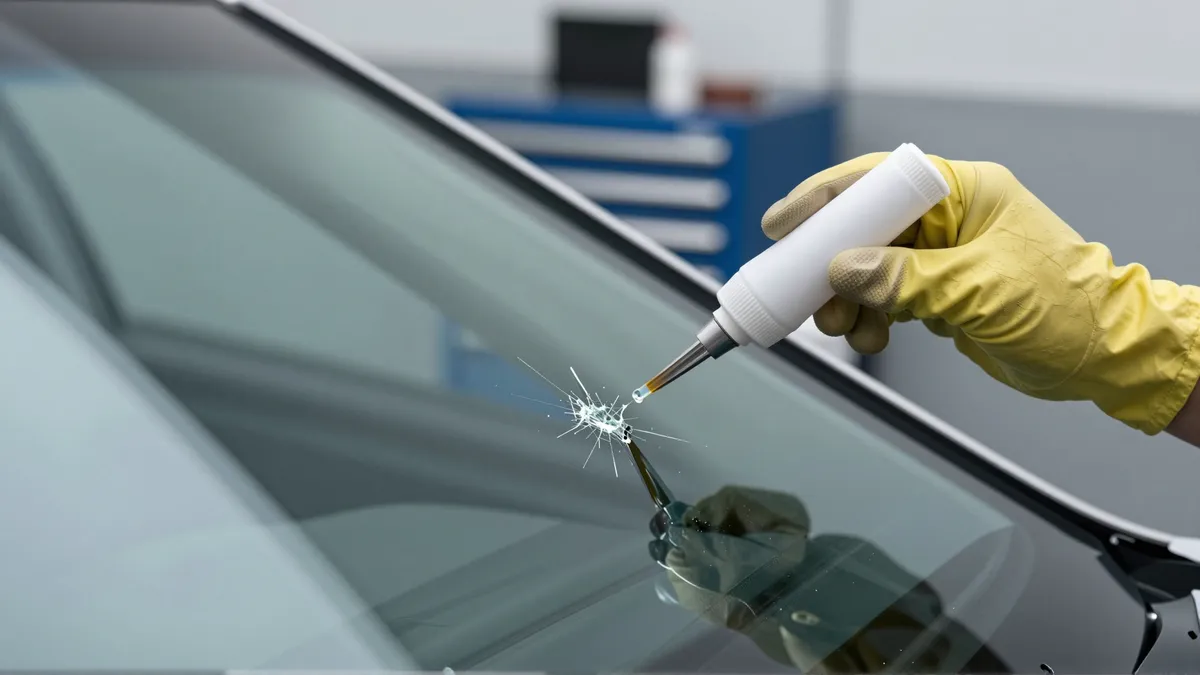 Eine Hand in Schutzhandschuhen repariert einen sternförmigen Riss in einer Autoscheibe mit klarem Harz.