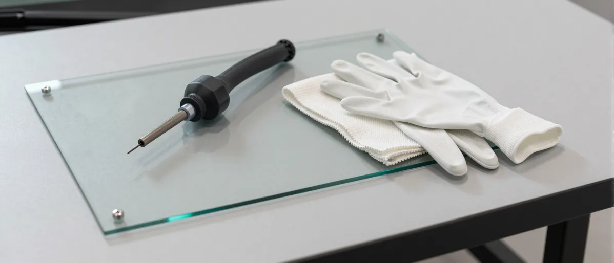 Werkzeuge und Materialien fuer die Autoglasreparatur liegen auf einer Werkbank
