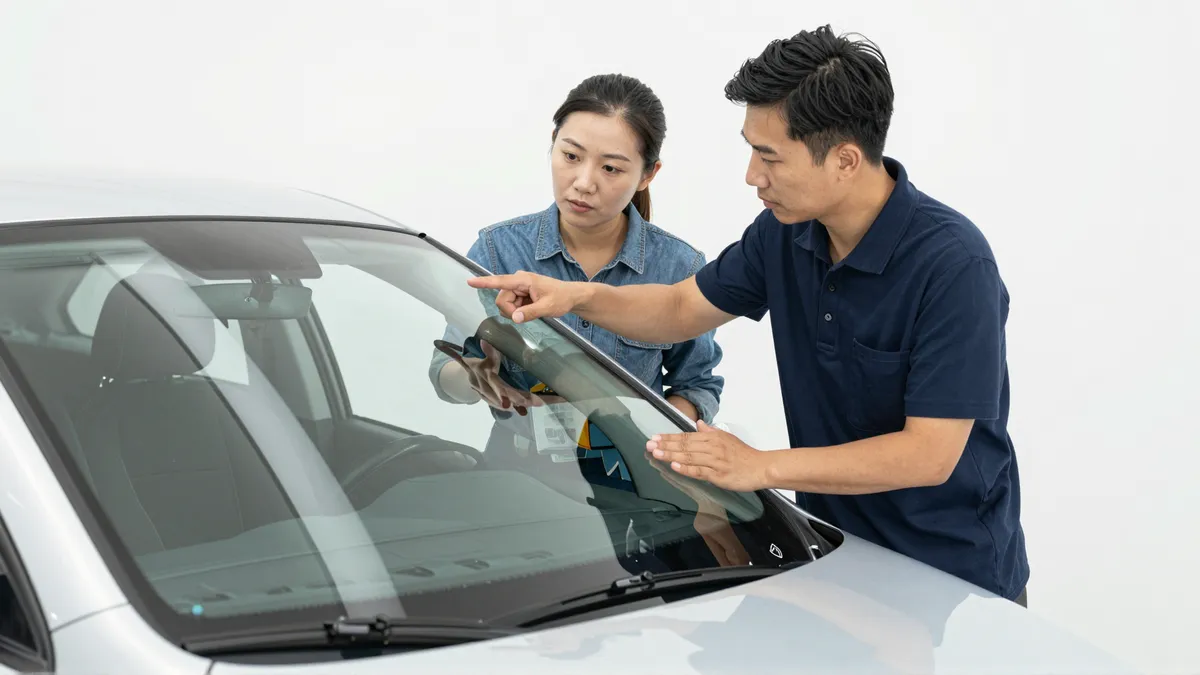 Ein Autoglas-Berater erklaert einem Kunden die Reparatur an einer Autoscheibe