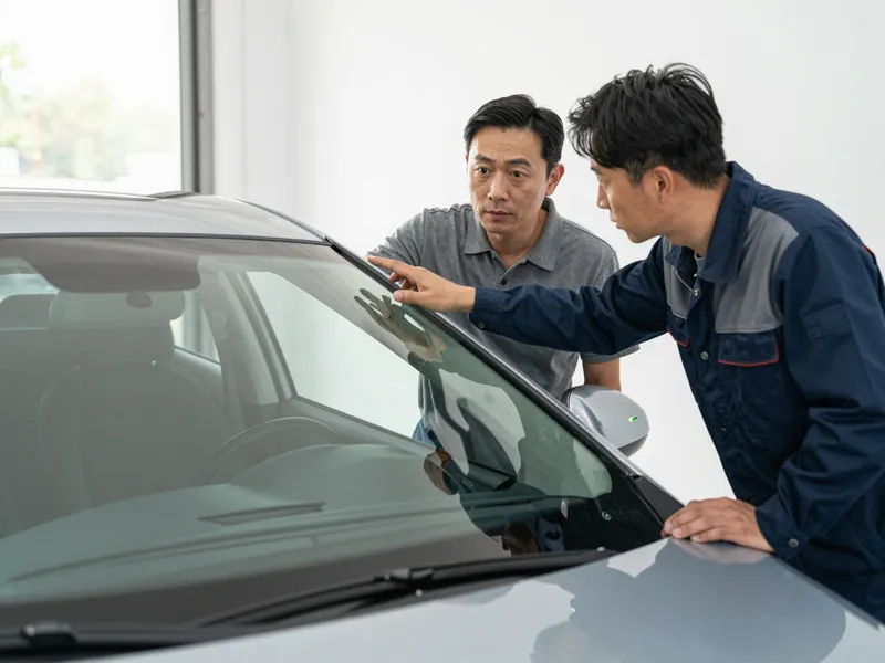 Ein Autoglas-Berater erklaert einem Kunden die Reparatur an einer Autoscheibe
