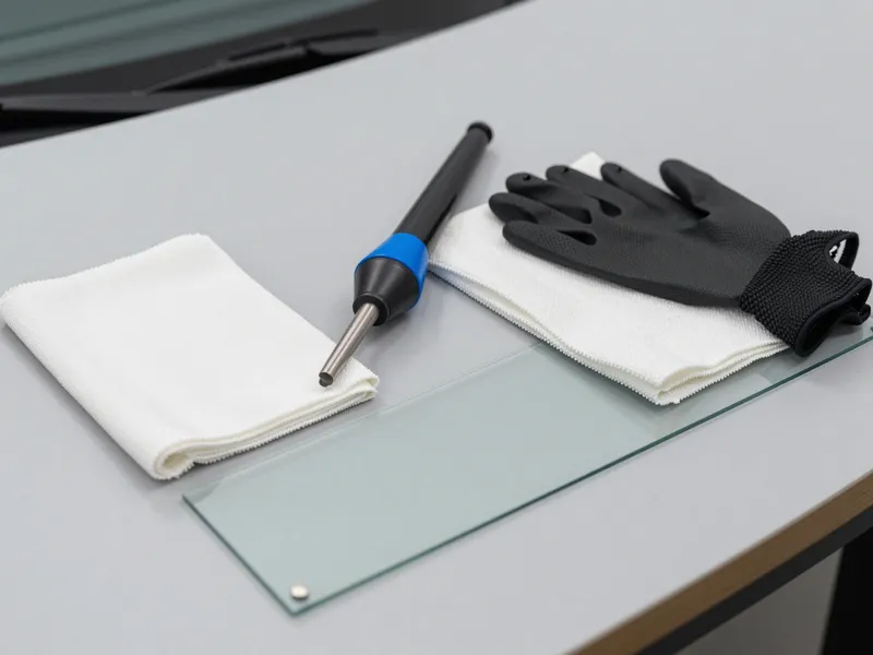 Werkzeuge und Materialien fuer die Autoglasreparatur liegen auf einer Werkbank