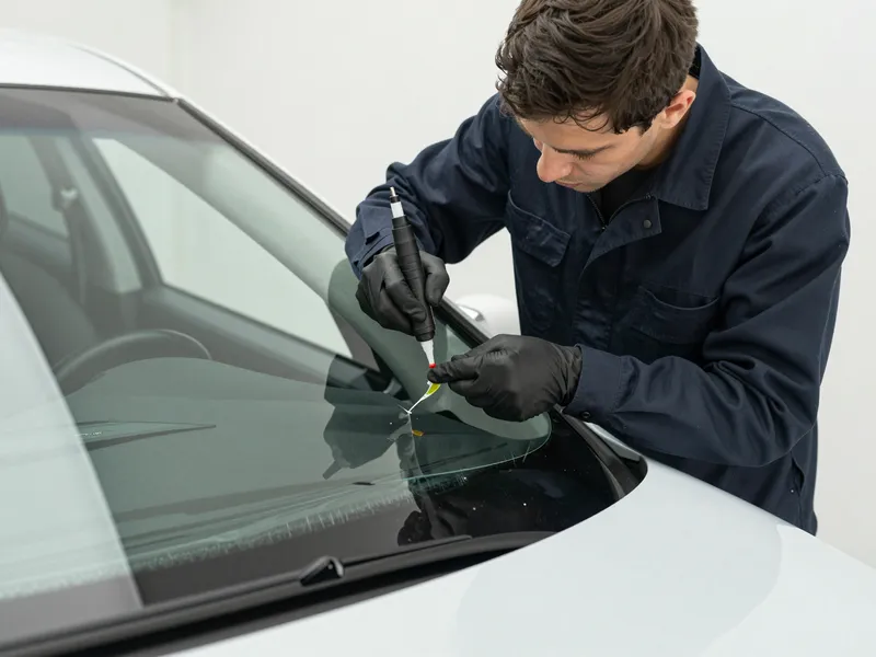 Werkzeuge und Materialien fuer die Autoglasreparatur liegen auf einer Werkbank