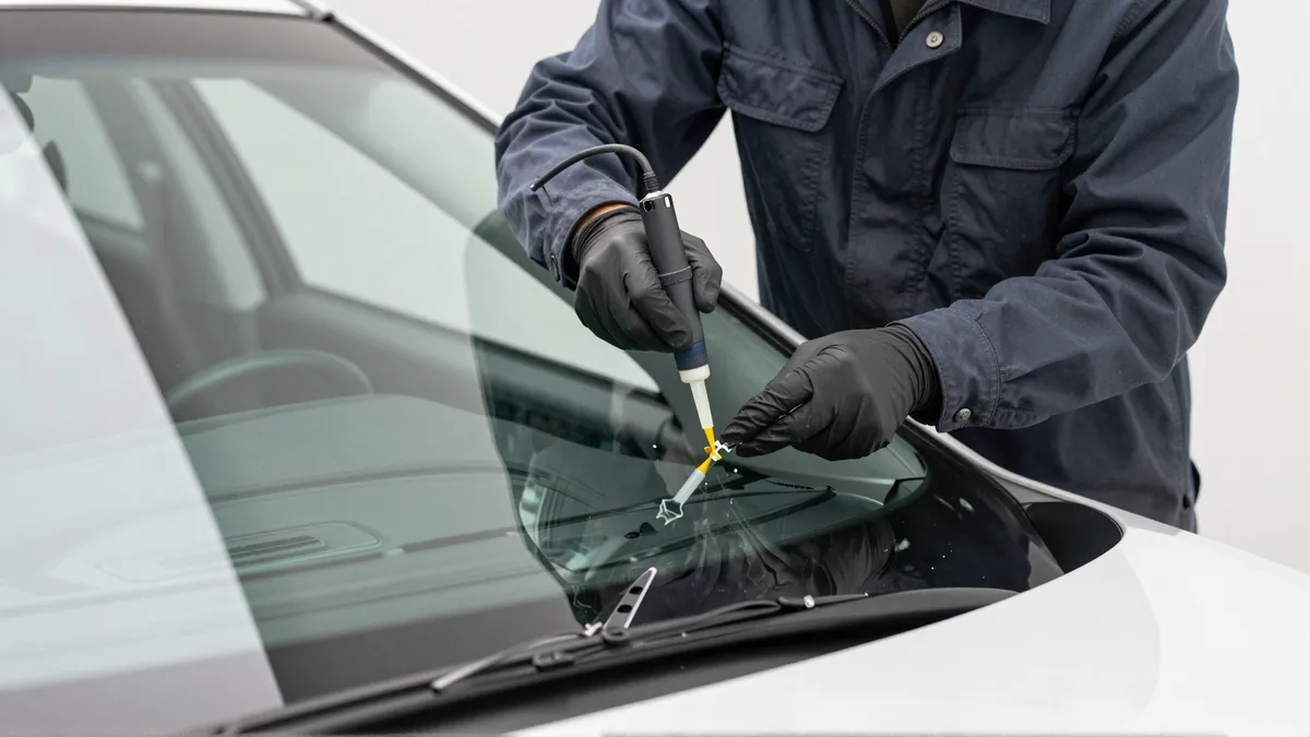 Werkzeuge und Materialien fuer die Autoglasreparatur liegen auf einer Werkbank