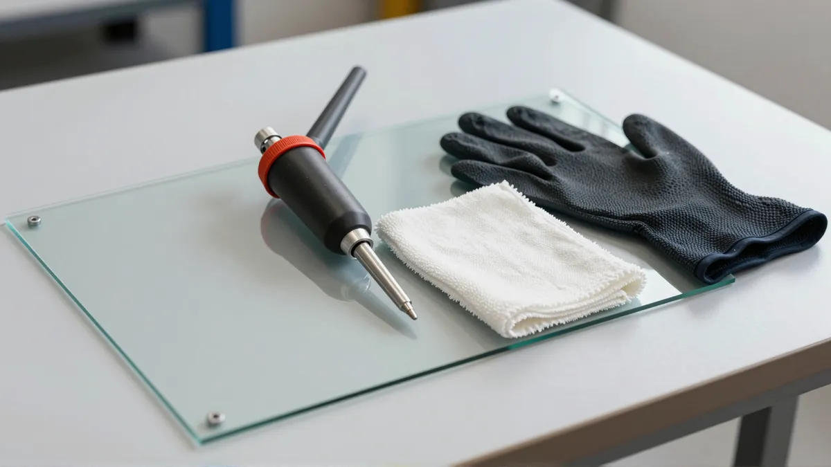 Werkzeuge und Materialien fuer die Autoglasreparatur liegen auf einer Werkbank