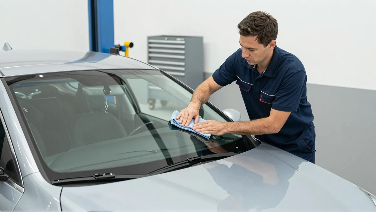 Ein Automechaniker poliert die Windschutzscheibe eines silbernen Autos in einer modernen Werkstatt.