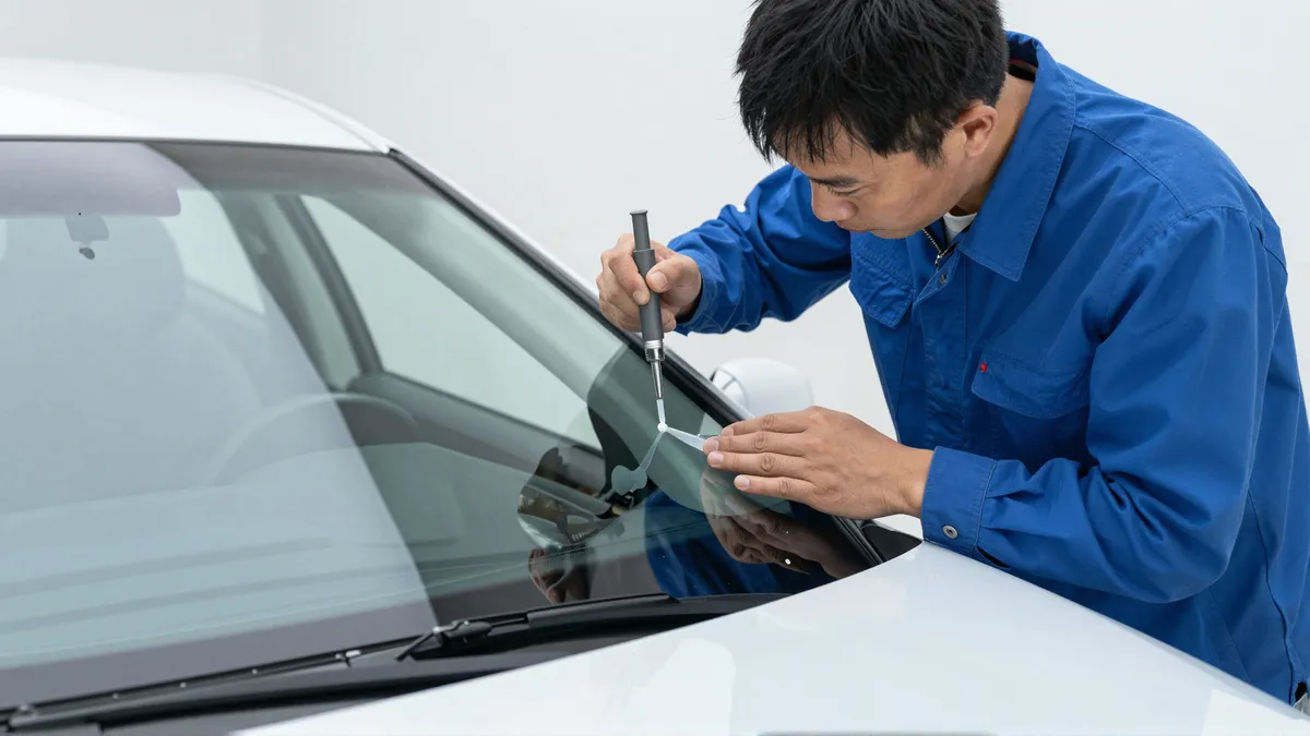 Ein Techniker in blauer Arbeitskleidung repariert einen Steinschlag in einer Autoscheibe in einer modernen Werkstatt.