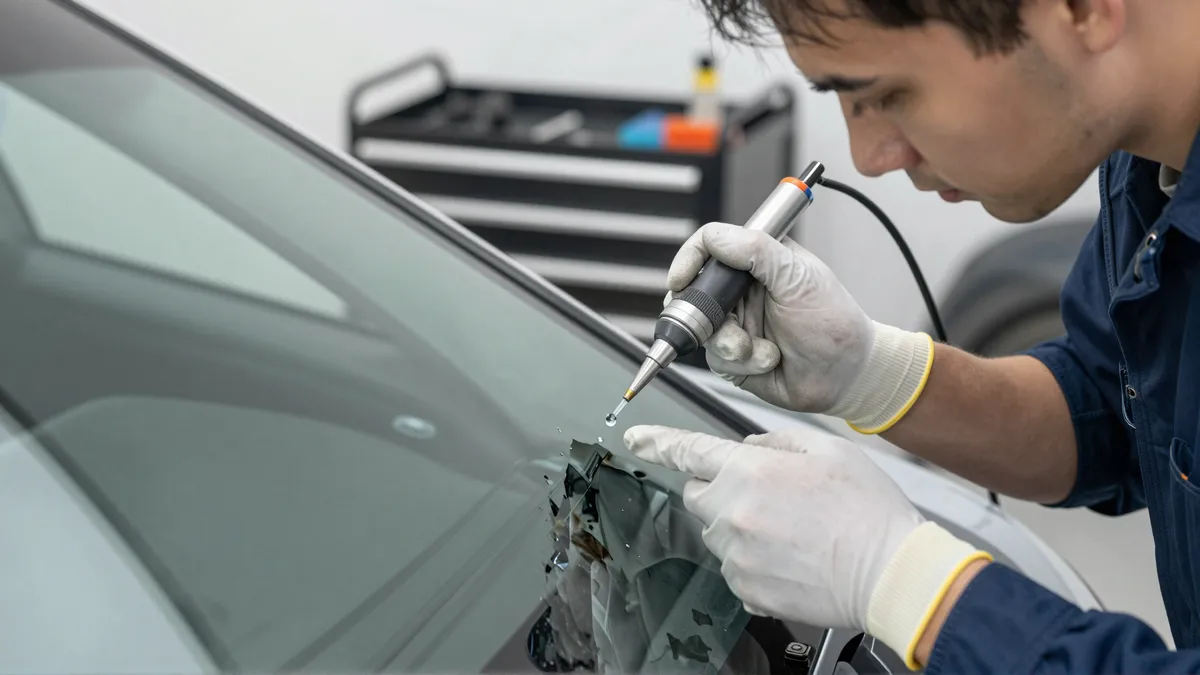 Ein Kfz-Techniker repariert konzentriert einen Steinschlag in einer Autoscheibe mit Harzinjektion.