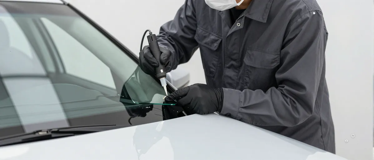 Werkzeuge und Materialien fuer die Autoglasreparatur liegen auf einer Werkbank