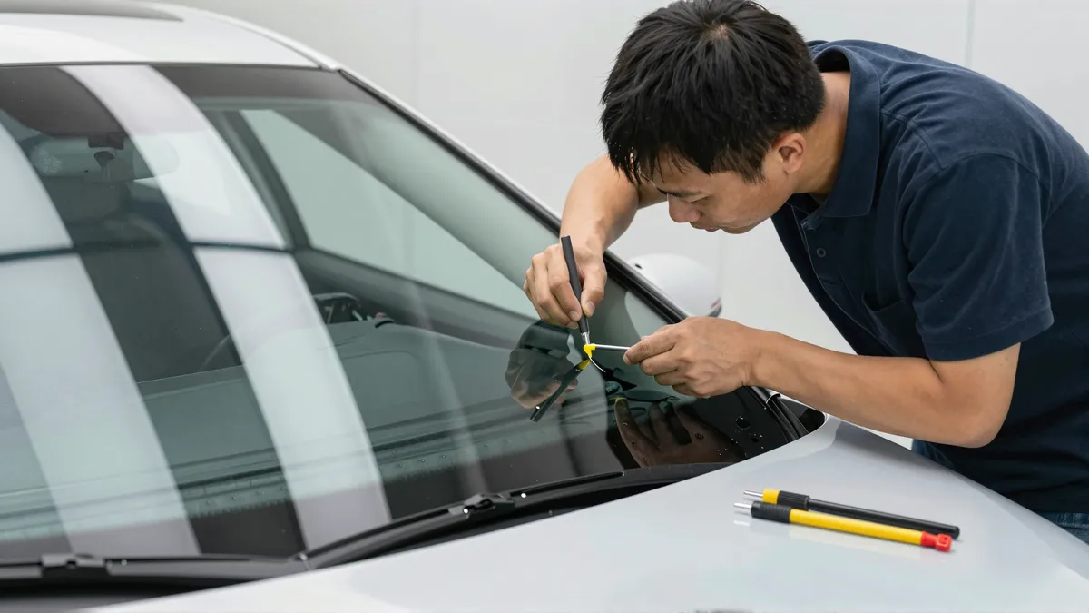 Werkzeuge und Materialien fuer die Autoglasreparatur liegen auf einer Werkbank