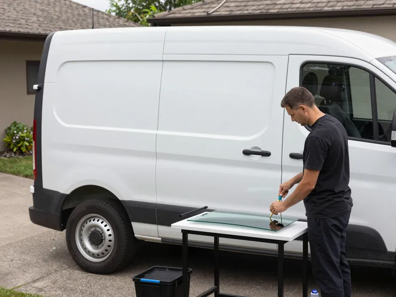 Werkzeuge und Materialien fuer die Autoglasreparatur liegen auf einer Werkbank