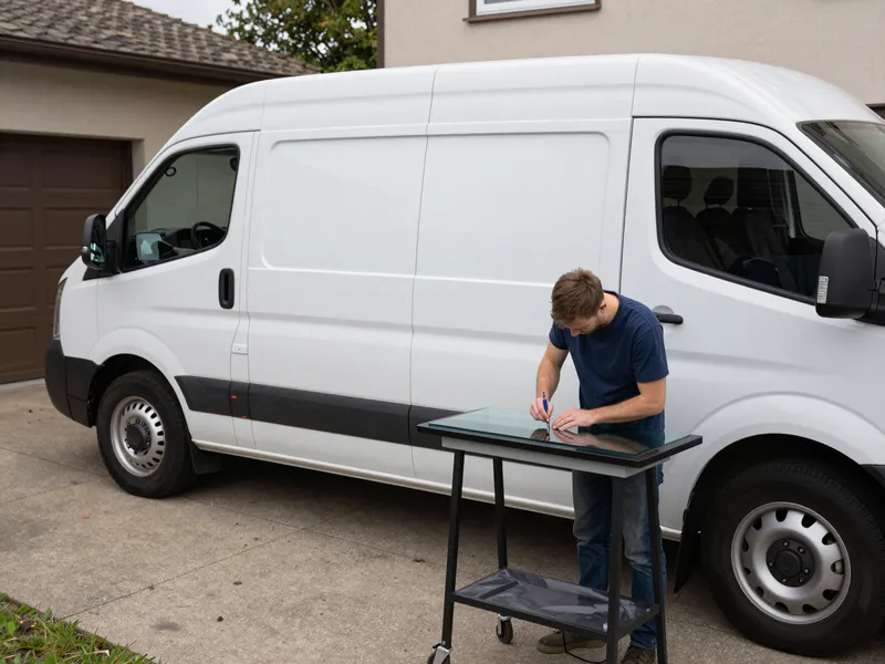 Werkzeuge und Materialien fuer die Autoglasreparatur liegen auf einer Werkbank