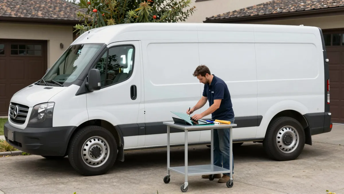 Werkzeuge und Materialien fuer die Autoglasreparatur liegen auf einer Werkbank