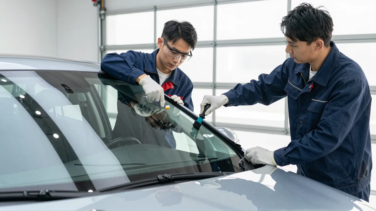 Zwei Techniker in blauen Arbeitsanzügen tauschen die Windschutzscheibe eines silbernen Autos in einer hellen Werkstatt aus.