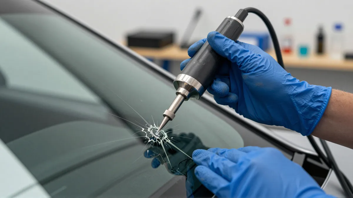 Ein Techniker repariert mit einem Spezialwerkzeug einen sternförmigen Riss in einer Autoscheibe.