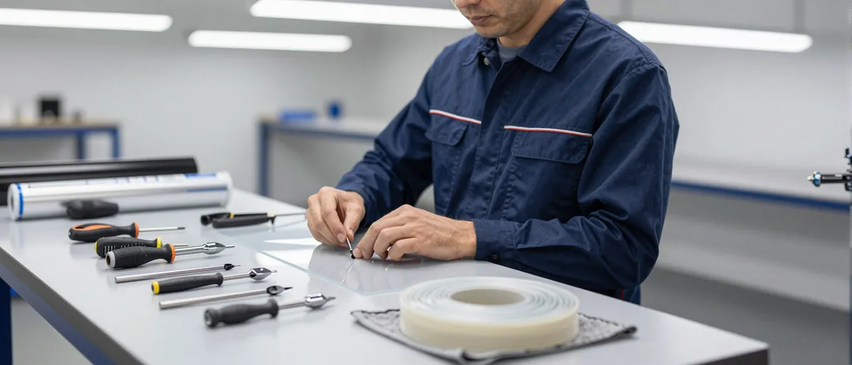 Ein Techniker wählt präzise Werkzeuge von einem aufgeräumten Werkstatttisch in einer Autoglaswerkstatt aus.