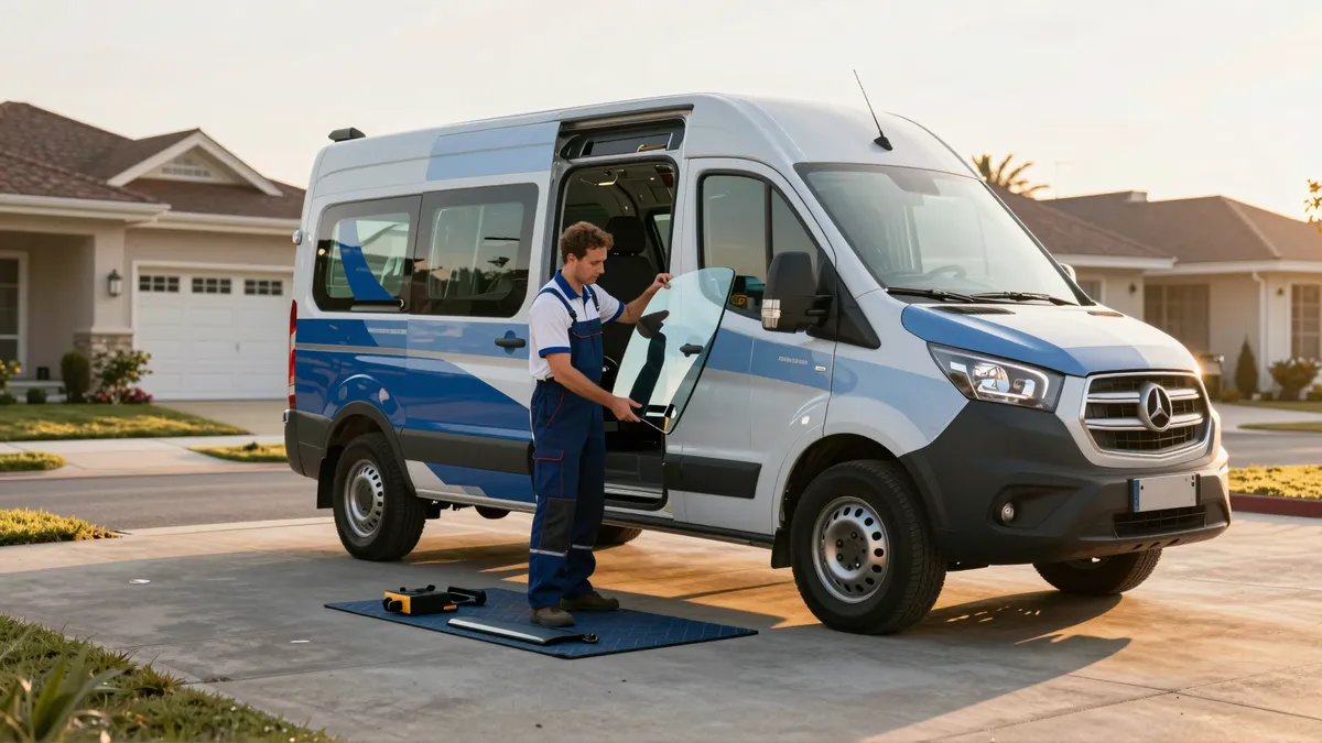 Ein Servicetechniker entlädt eine neue Windschutzscheibe aus einem modernen Glaserservicewagen in einer sonnigen Wohnstraße.