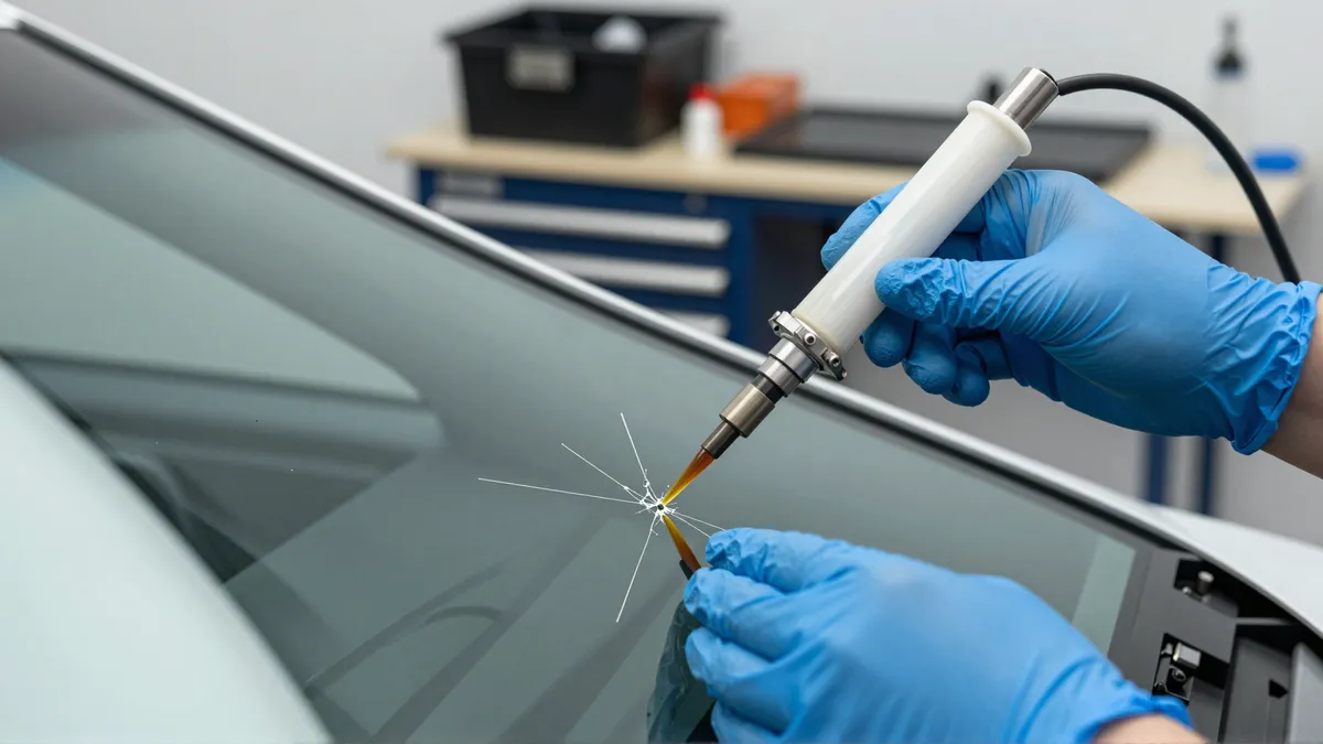 Technikerhände injizieren mit Spritze klaren Kunststoff in einen Sternriss einer Autoscheibe.