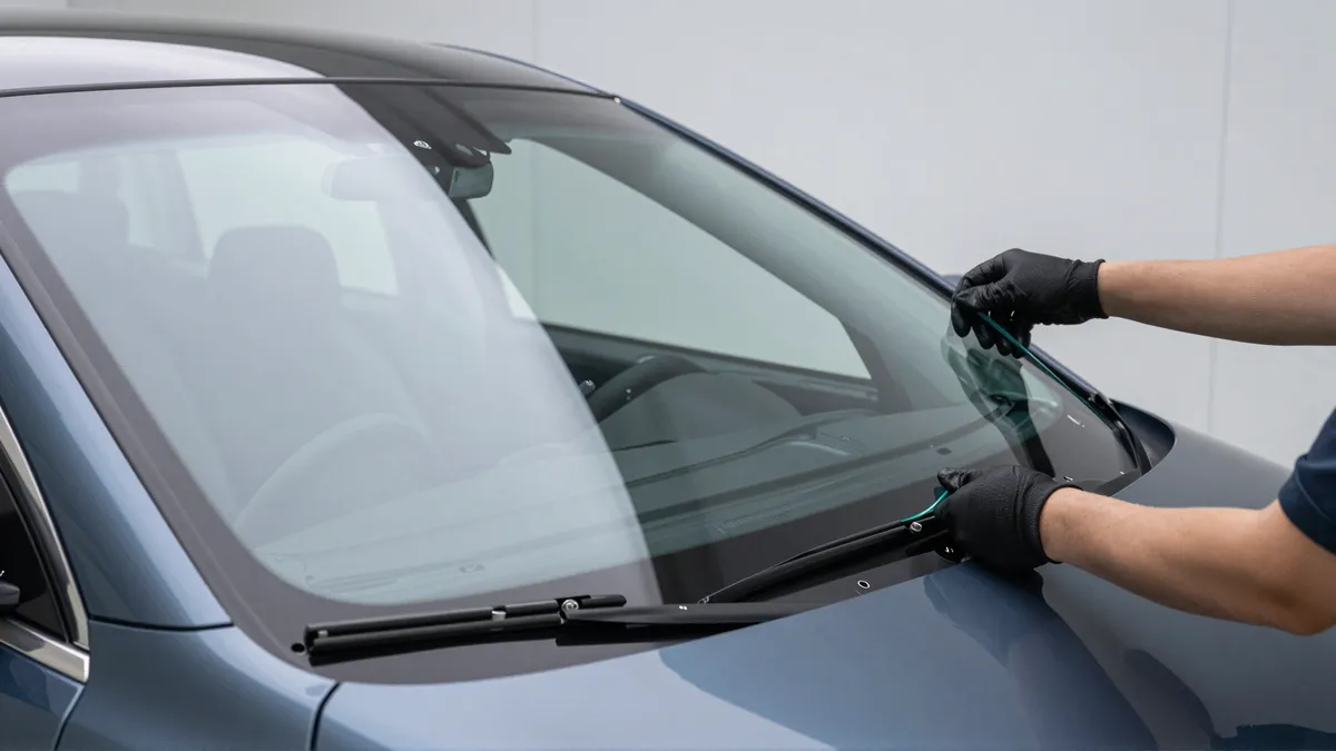 Ein Techniker setzt eine neue Windschutzscheibe in den Rahmen eines modernen Fahrzeugs ein.