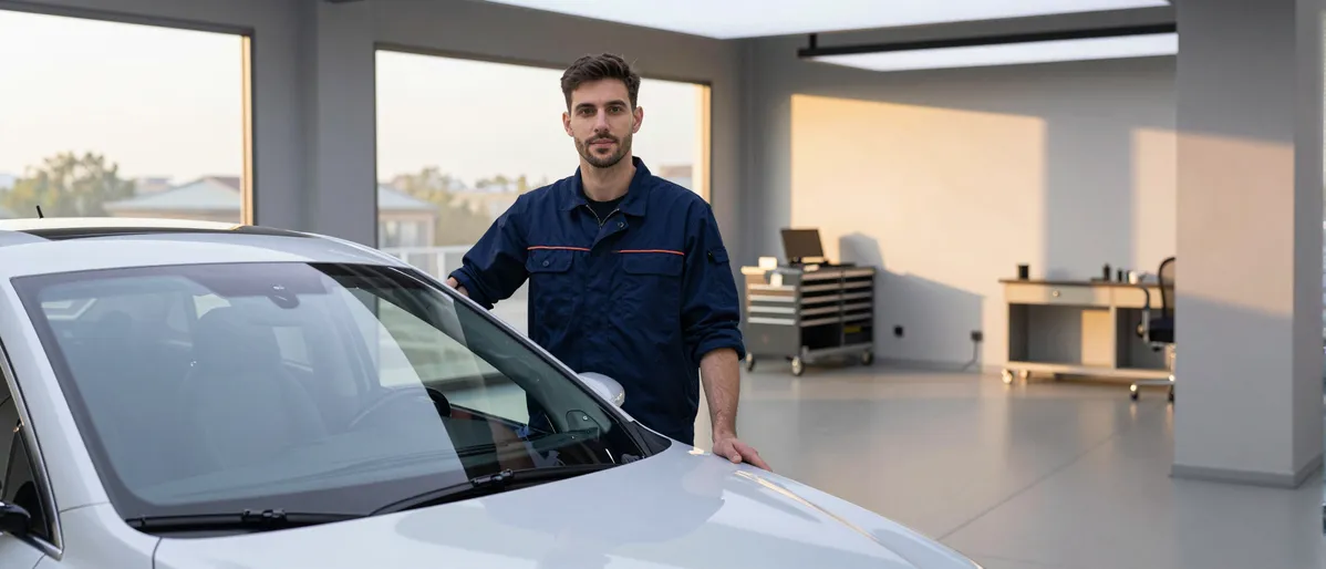 Ein Techniker in blauer Arbeitskleidung steht neben einem Auto mit neuer Windschutzscheibe in einer Werkstatt.