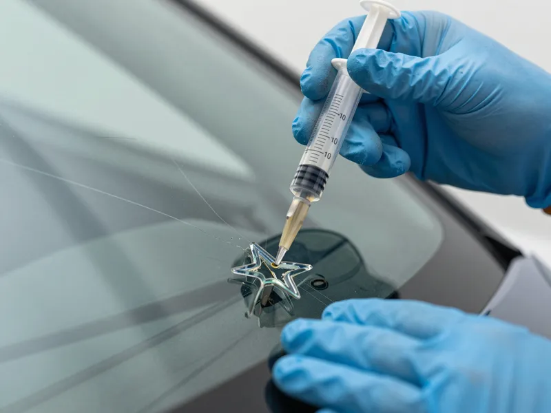 Ein Techniker füllt mit einer Spritze transparentes Harz in einen sternförmigen Riss einer Autoscheibe.