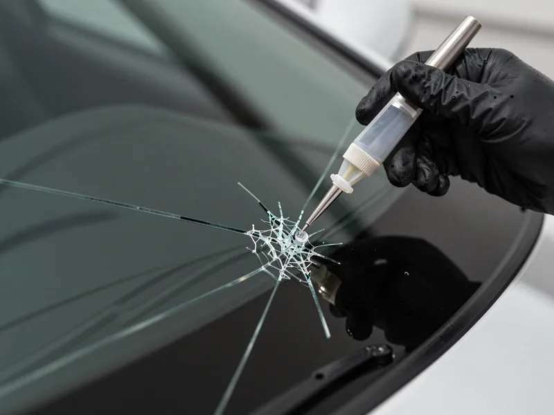 Eine Hand mit Handschuh trägt klare Harzlösung in einen sternförmigen Riss einer Autoscheibe auf.