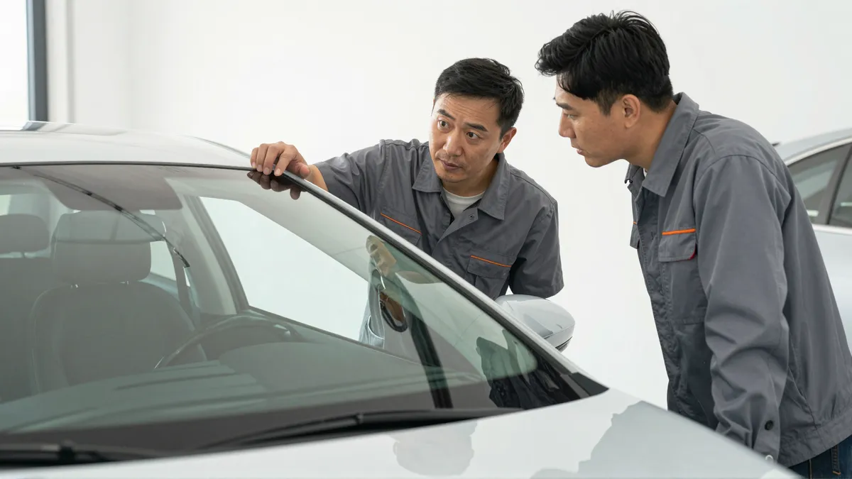 Ein Autoglas-Berater erklaert einem Kunden die Reparatur an einer Autoscheibe