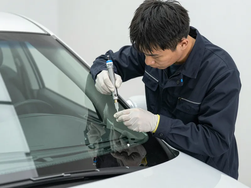 Werkzeuge und Materialien fuer die Autoglasreparatur liegen auf einer Werkbank