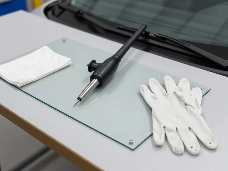Werkzeuge und Materialien fuer die Autoglasreparatur liegen auf einer Werkbank