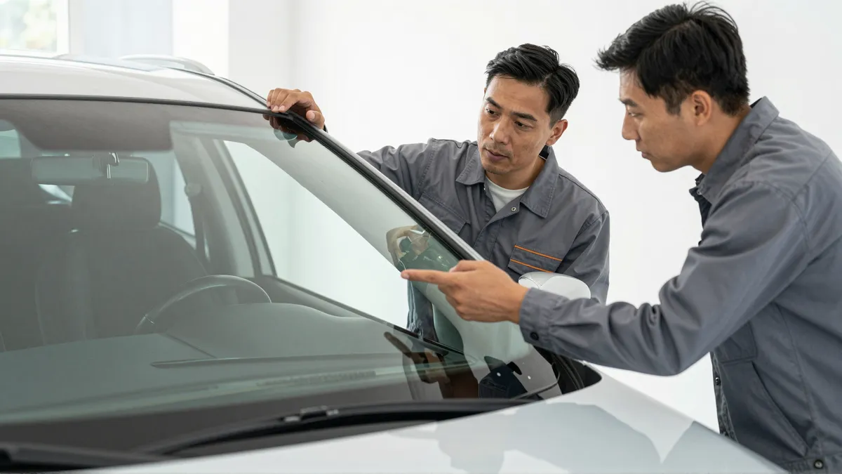 Ein Autoglas-Berater erklaert einem Kunden die Reparatur an einer Autoscheibe