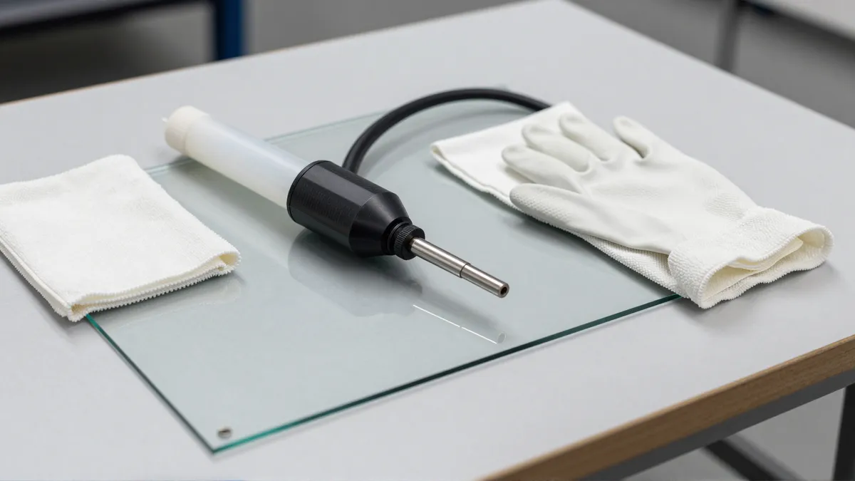 Werkzeuge und Materialien fuer die Autoglasreparatur liegen auf einer Werkbank