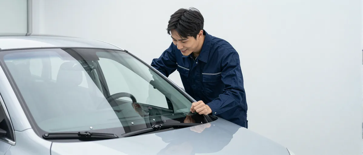 Ein Techniker prüft zufrieden die neu eingesetzte Windschutzscheibe eines silbernen Autos in einer Werkstatt.