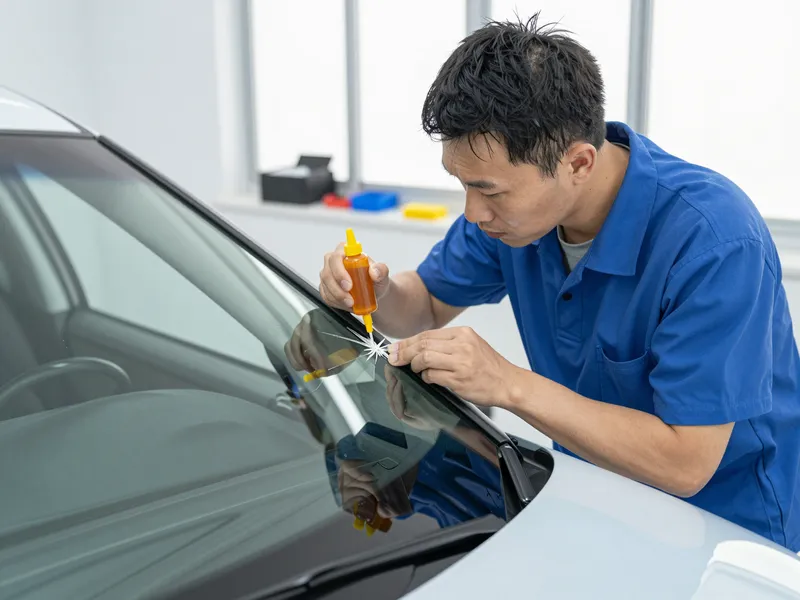 Werkzeuge und Materialien fuer die Autoglasreparatur liegen auf einer Werkbank
