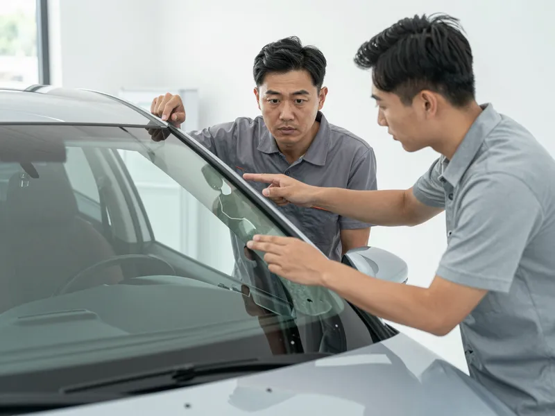 Ein Kunde und ein Autoglas-Techniker begutachten eine reparierte Windschutzscheibe in einer hellen Werkstatt.