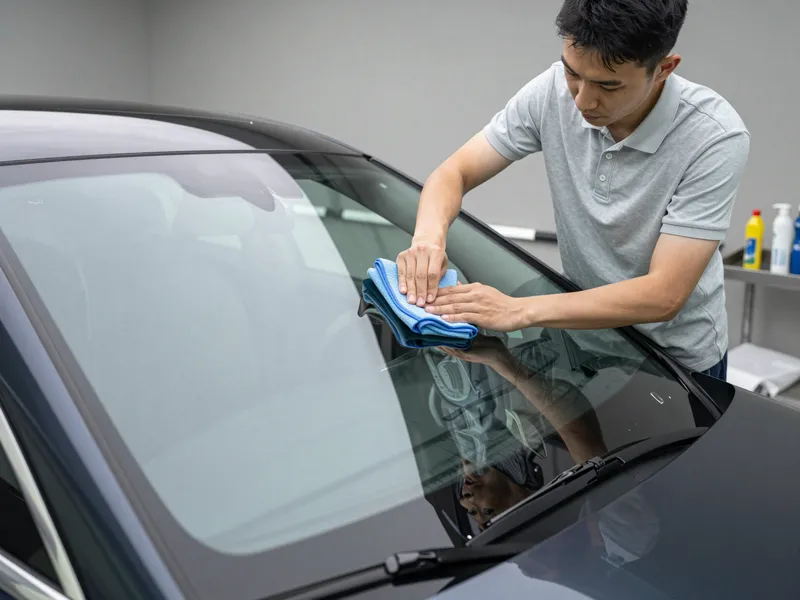 Ein Techniker poliert mit einem Mikrofasertuch die Windschutzscheibe eines dunklen Luxusautos in einer sauberen Werkstatt.