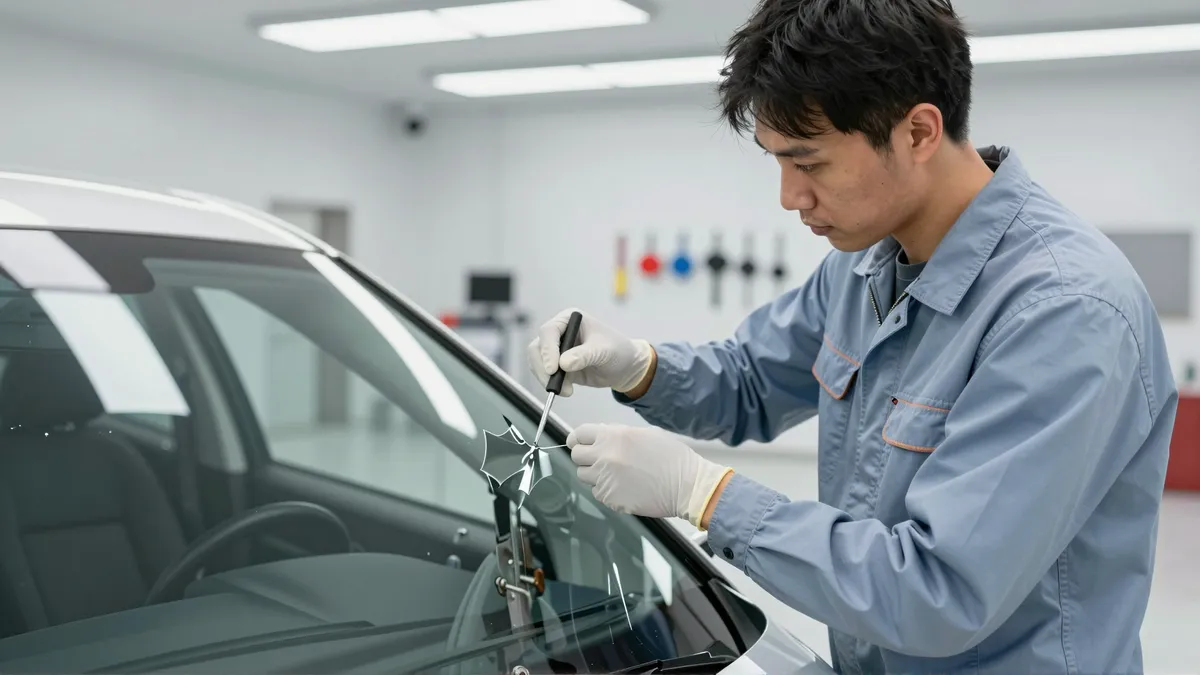 Ein Techniker in sauberer Arbeitskleidung repariert präzise einen kleinen Steinschlag in einer Autoscheibe.