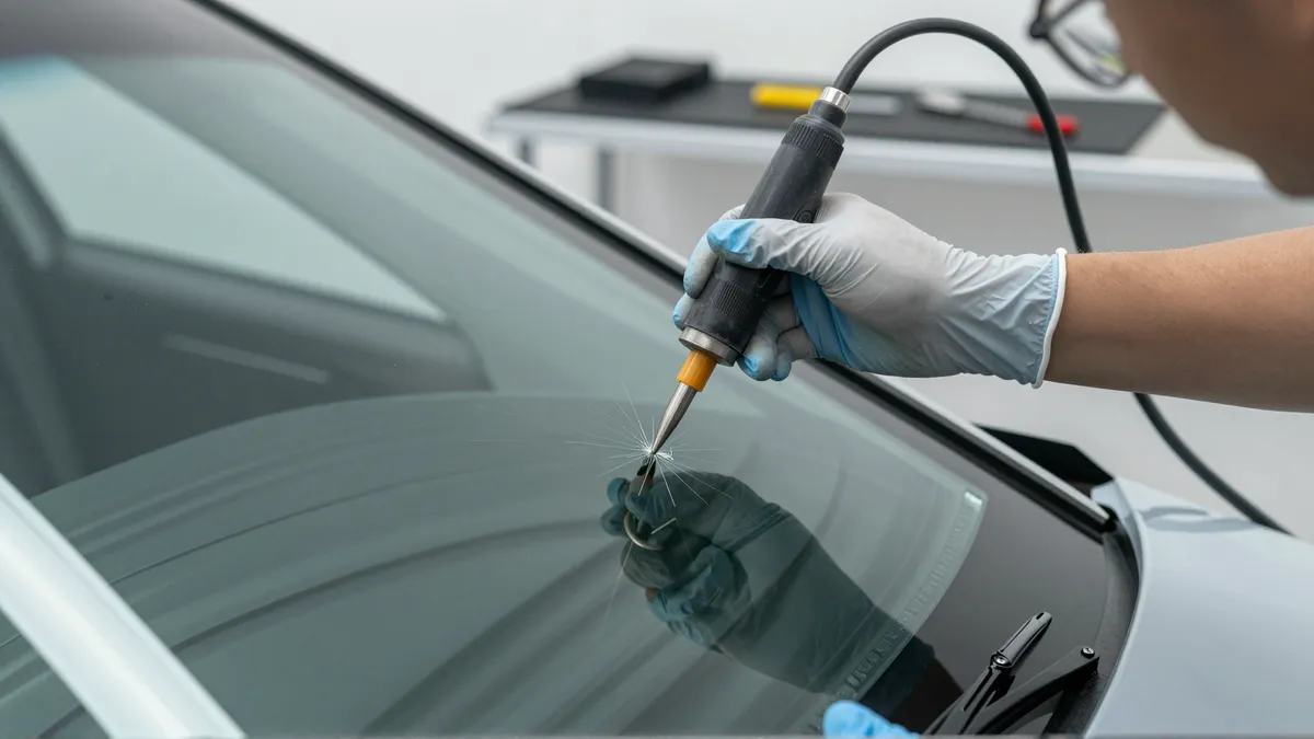 Werkzeuge und Materialien fuer die Autoglasreparatur liegen auf einer Werkbank