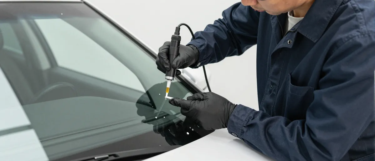 Werkzeuge und Materialien fuer die Autoglasreparatur liegen auf einer Werkbank