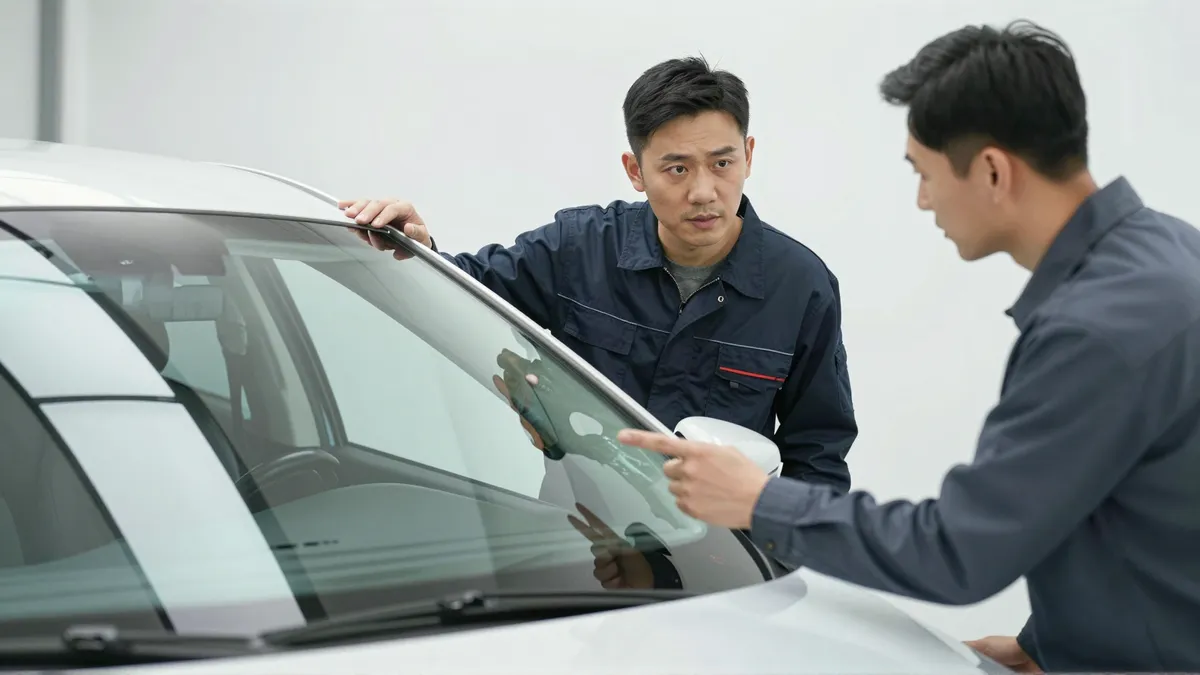 Ein Autoglas-Berater erklaert einem Kunden die Reparatur an einer Autoscheibe
