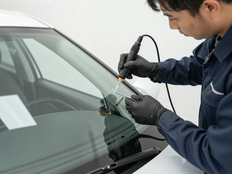 Werkzeuge und Materialien fuer die Autoglasreparatur liegen auf einer Werkbank