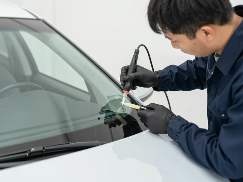 Werkzeuge und Materialien fuer die Autoglasreparatur liegen auf einer Werkbank