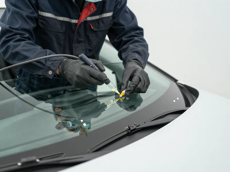 Werkzeuge und Materialien fuer die Autoglasreparatur liegen auf einer Werkbank