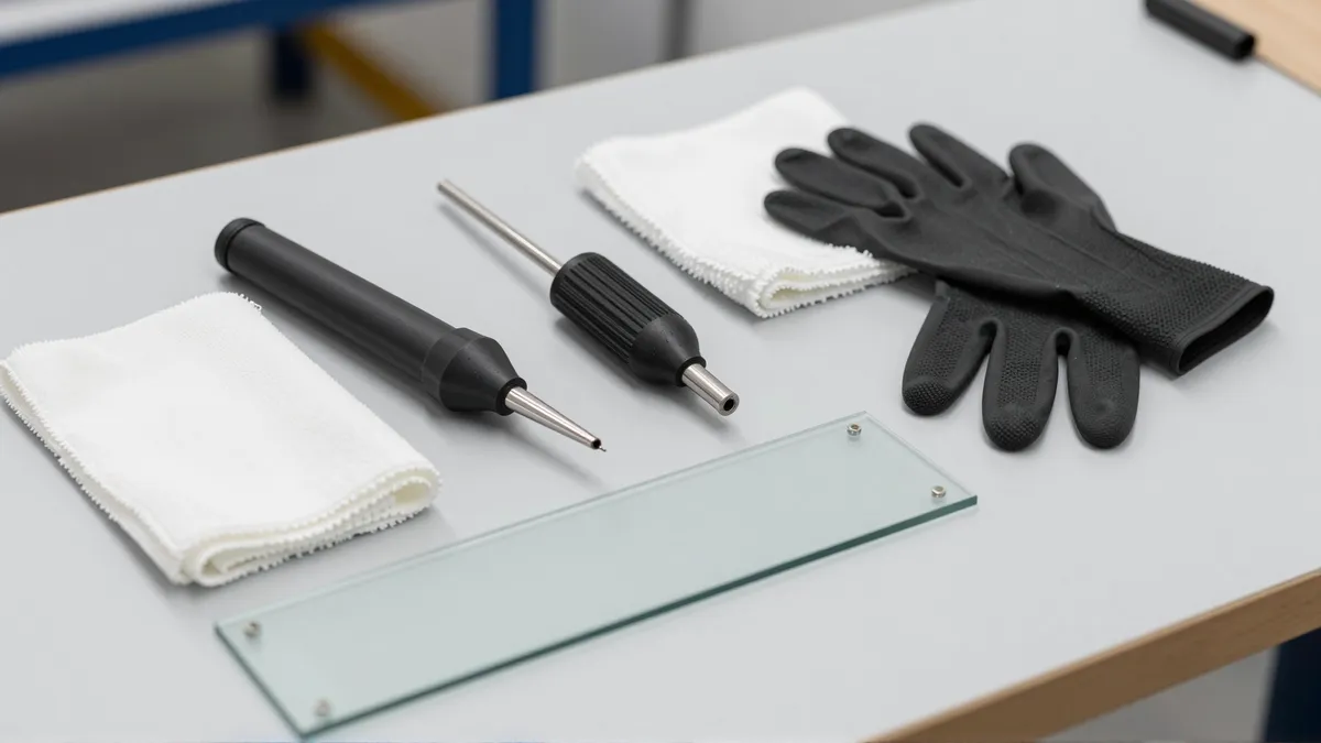 Werkzeuge und Materialien fuer die Autoglasreparatur liegen auf einer Werkbank