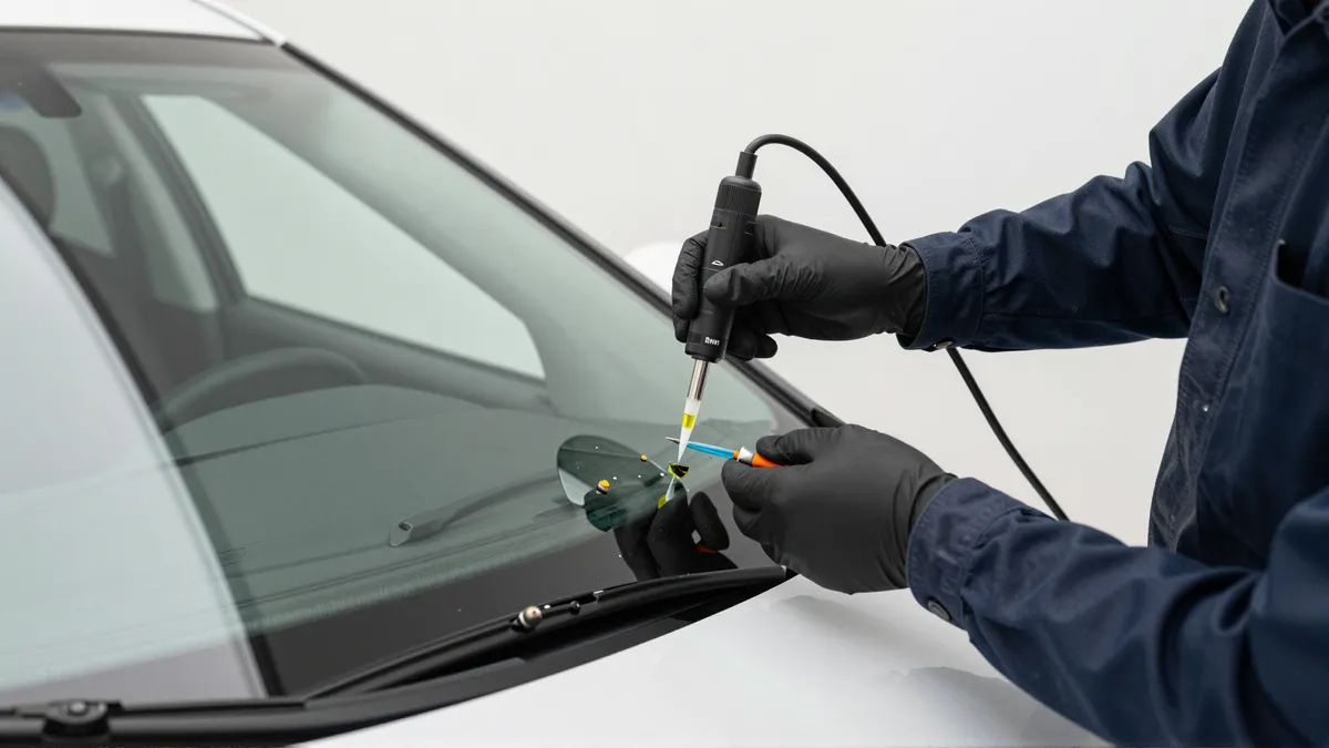 Werkzeuge und Materialien fuer die Autoglasreparatur liegen auf einer Werkbank