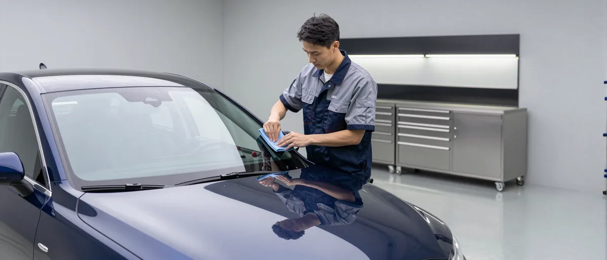 Ein Autoglas-Techniker in sauberer Arbeitskleidung inspiziert eine frisch eingesetzte Windschutzscheibe an einem blauen Auto.