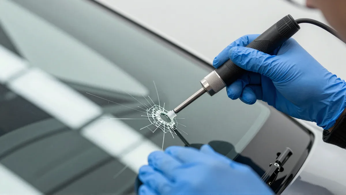 Ein Autoglastechniker repariert mit klarem Harz einen Steinschlag auf einer Windschutzscheibe.