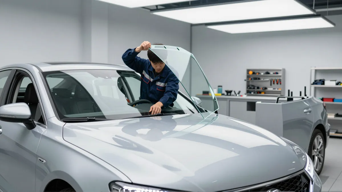Ein Techniker in blauer Arbeitskleidung setzt eine neue Windschutzscheibe in ein silbernes Auto ein.