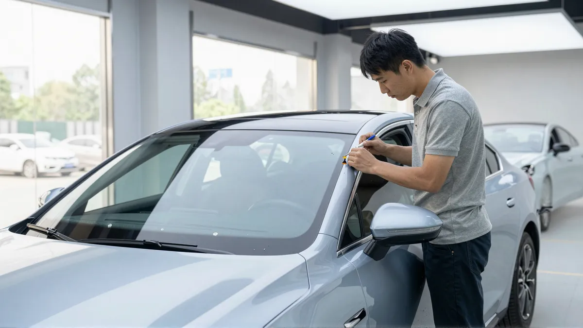 Ein Autoglas-Techniker repariert eine Windschutzscheibe an einem modernen Auto in einer hellen Werkstatt.