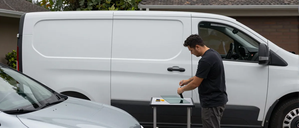 Werkzeuge und Materialien fuer die Autoglasreparatur liegen auf einer Werkbank